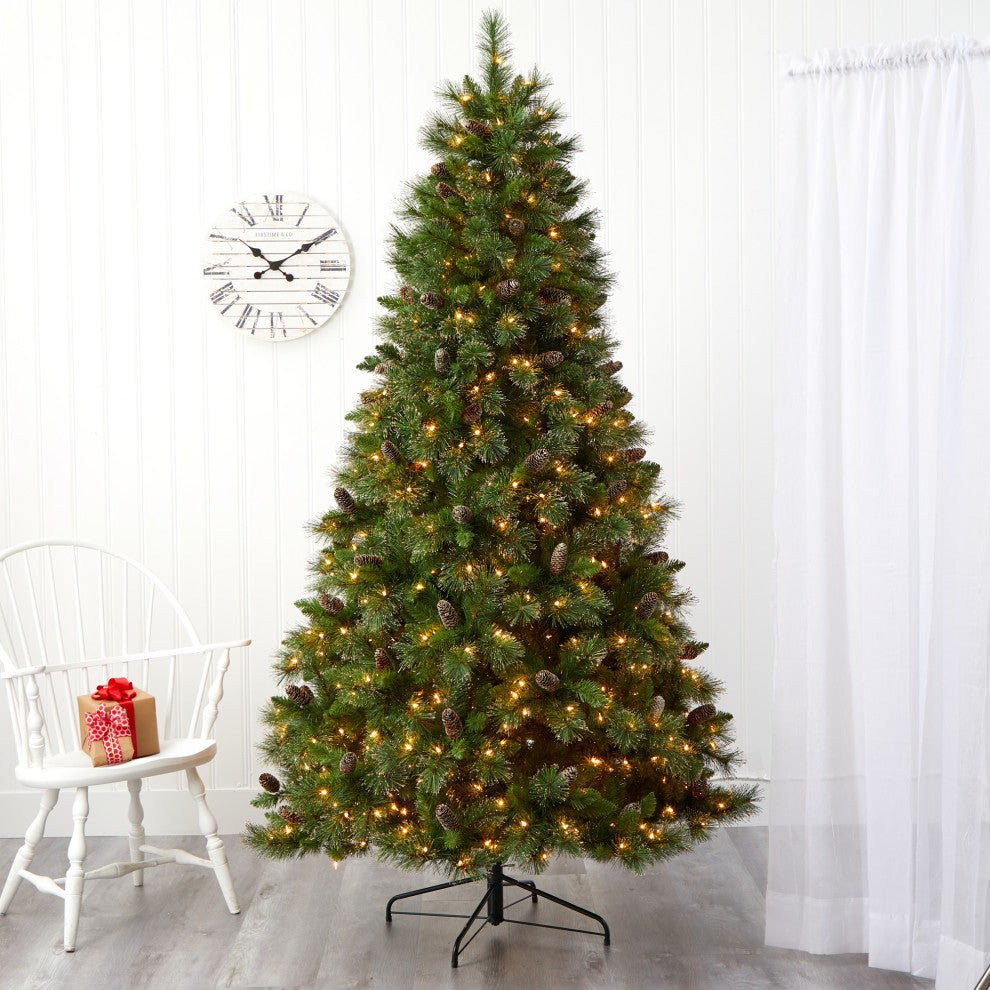 7.5' Golden Washington Pine Faux Xmas Tree W/Lights, Pinecone, Bendable Branches