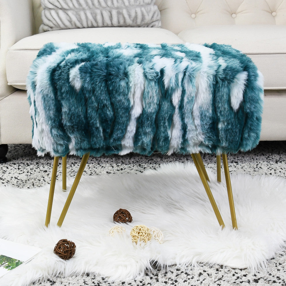 Soft Faux Fur Ottoman Fuzzy Entryway Bench Seat, Deep Teal, 19"x13"x17"