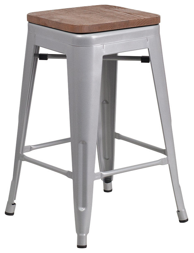 24" High Backless Silver Metal Counter Height Stool With Square Wood Seat