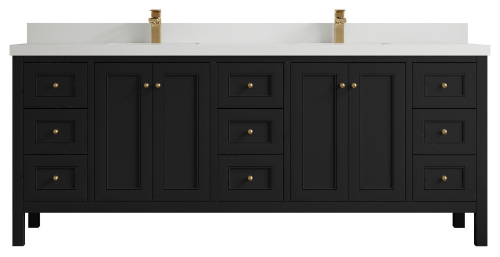 Nashville 84" Double Sink Bath Vanity, Black 2" White Quartz