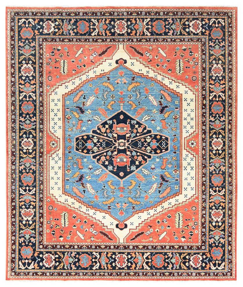 Coral Orange, Afghan Peshawar Heriz Wool Hand Knotted Oriental Rug, 8'x9'6"