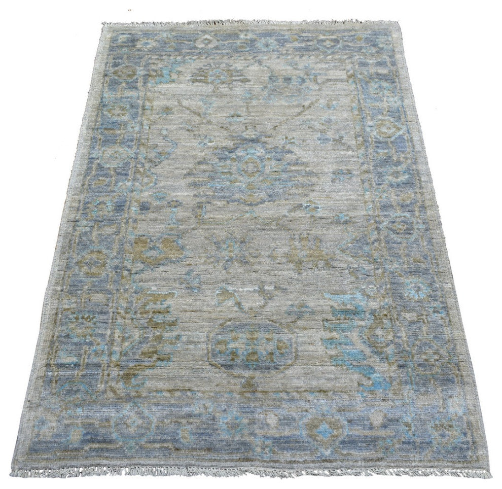 Taupe Hand Knotted Afghan Angora Oushak Hand Knotted Wool Rug, 3'3"x4'10"