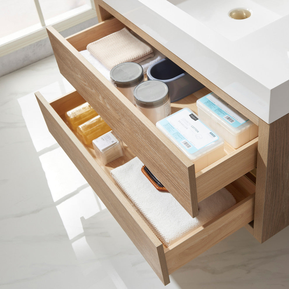 Palencia Floating Bath Vanity With Composite Stone Top, North American Oak, 36", No Mirror