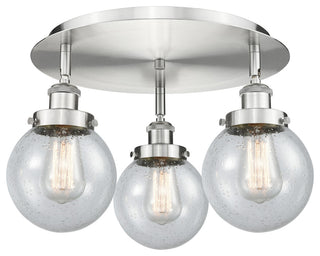 Beacon-3 Light 18" Flush Mount-Satin Nickel, Seedy Glass Shade