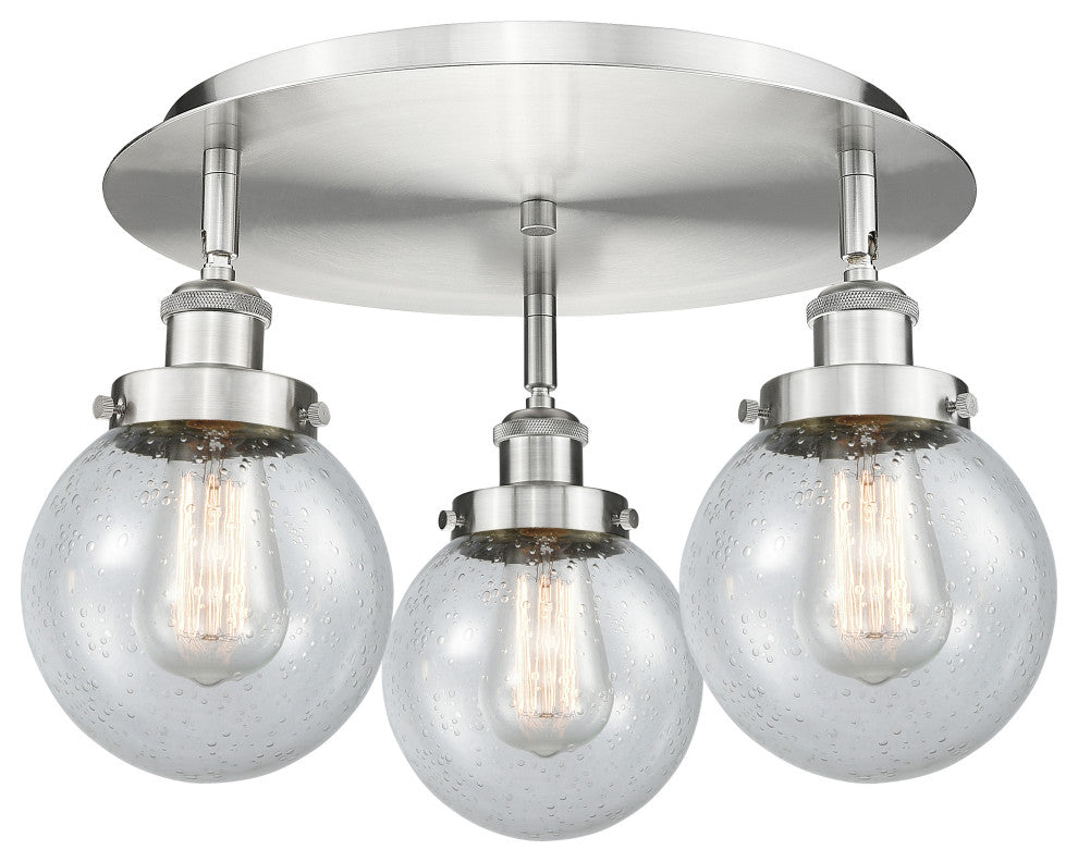 Beacon-3 Light 18" Flush Mount-Satin Nickel, Seedy Glass Shade