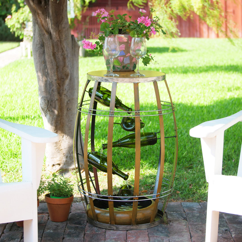 Alpine Metal Tiered Wine Bottles in a Barrel Fountain, 31" Tall