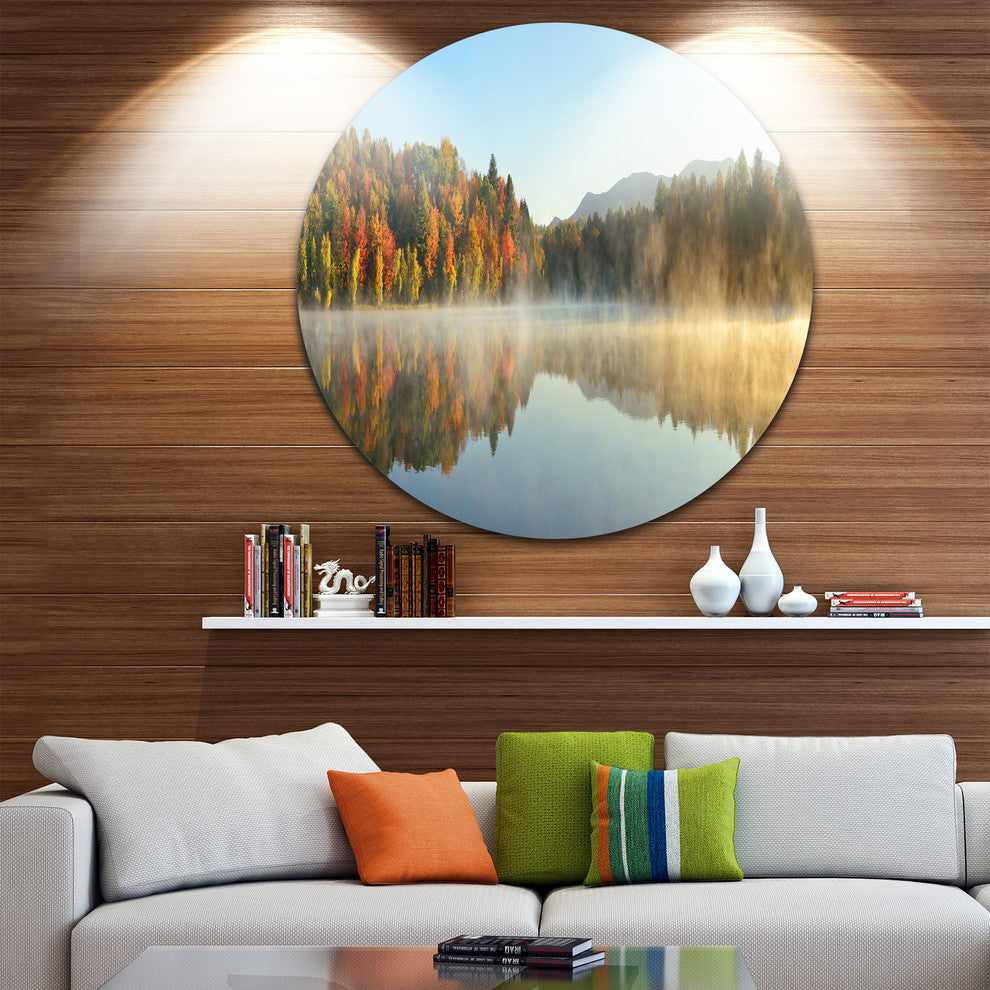 Lake Autumn Foliage Fog Panorama, Modern Seascape Round Wall Art, 11"