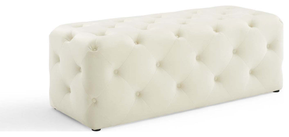Tufted Accent Chair Bench, Velvet, Ivory White, Modern, Lounge Hospitality