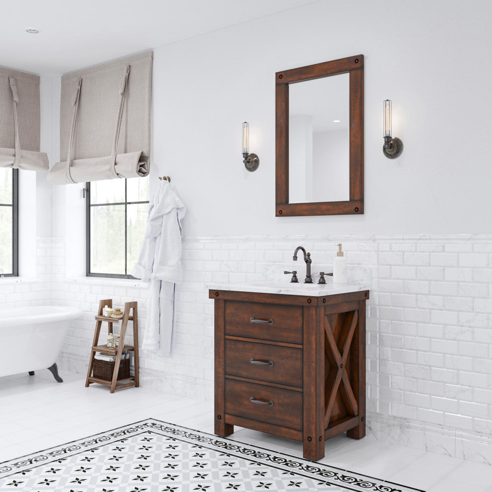 Aberdeen Vanity With Hook Faucet, Rustic Sierra, 30", Carrara Marble Top