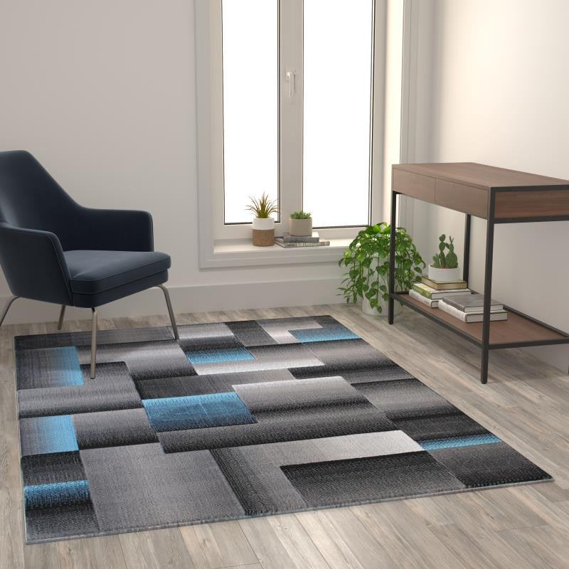 Elio Collection Color Blocked Area Rug, Blue, 5' X 7'
