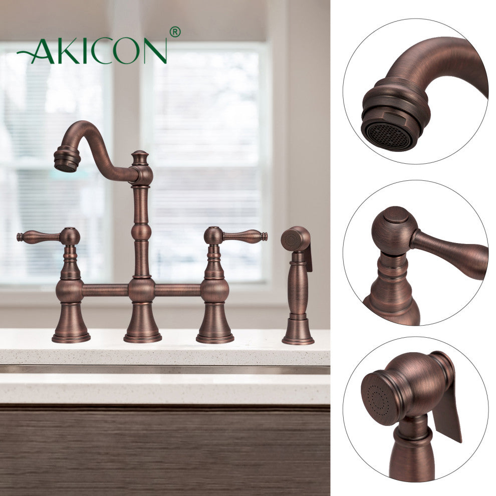 Two-Handles Copper Bridge Kitchen Faucet with Side Sprayer, American Bronze