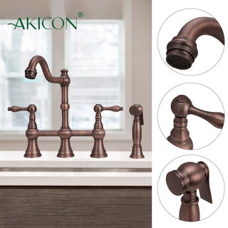 Two-Handles Copper Bridge Kitchen Faucet with Side Sprayer, American Bronze