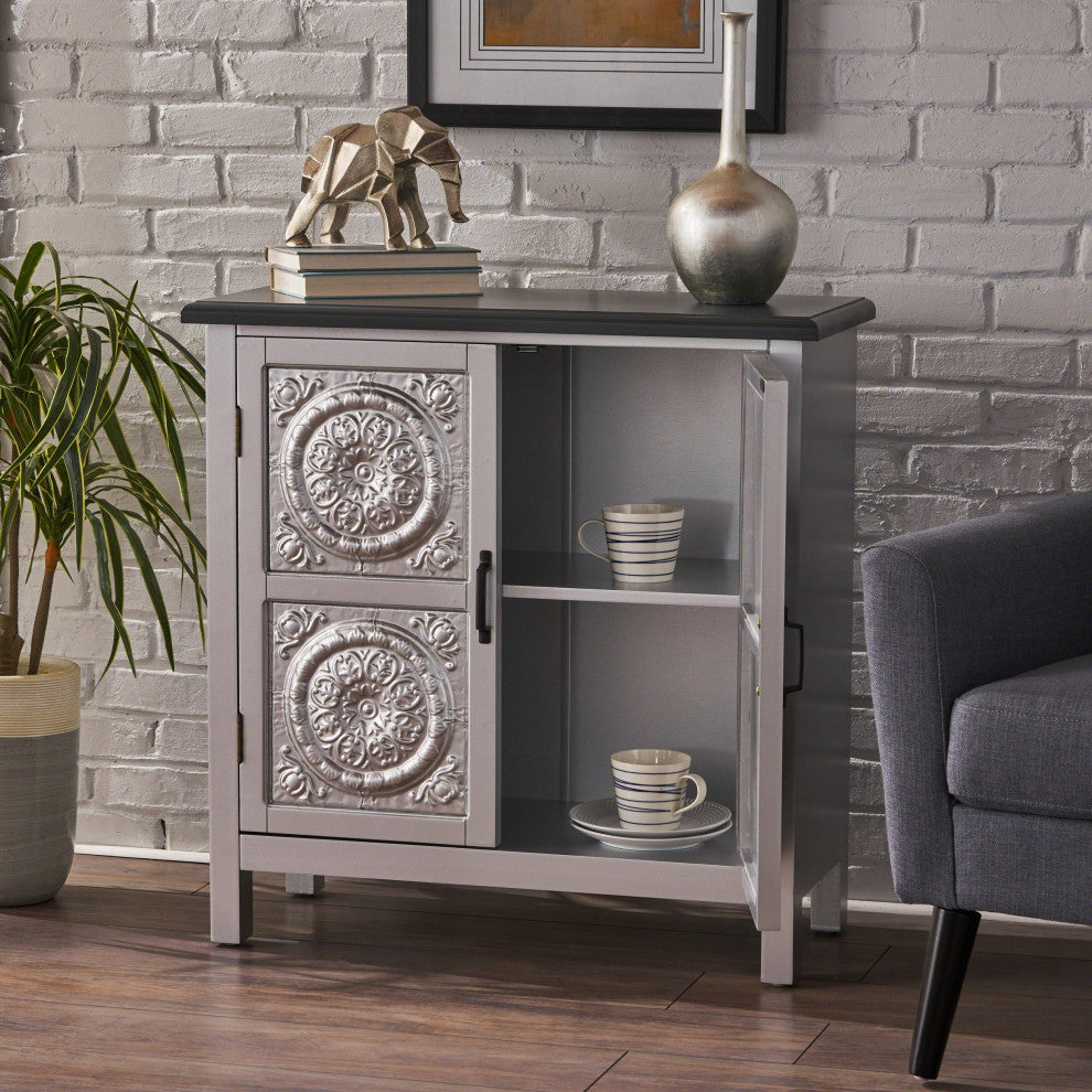 GDF Studio Aliana Shabby Painted Accent Cabinet, Silver/Charcoal Gray