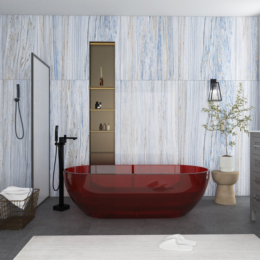 69" Solid Surface Freestanding Flatbottom Soaking Bathtub, Red