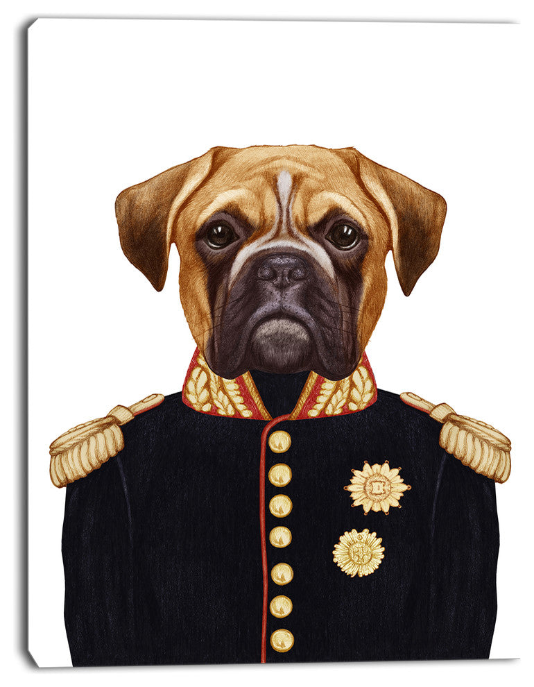 Funny Boxer Dog in Military Uniform, Animal Canvas Art Print, 12"x20"