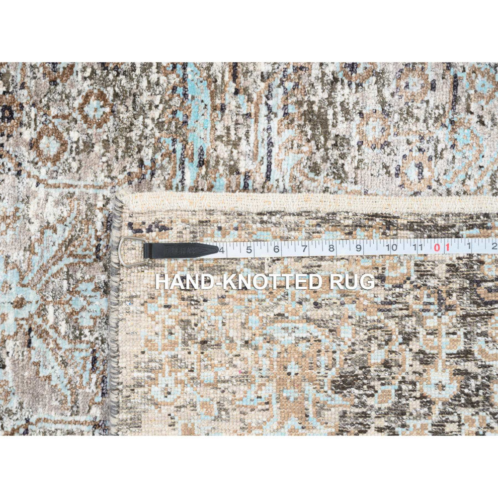 Gray, Modern Persian, Silk With Wool Hand Knotted Wide Runner Rug, 4'0"x10'0"