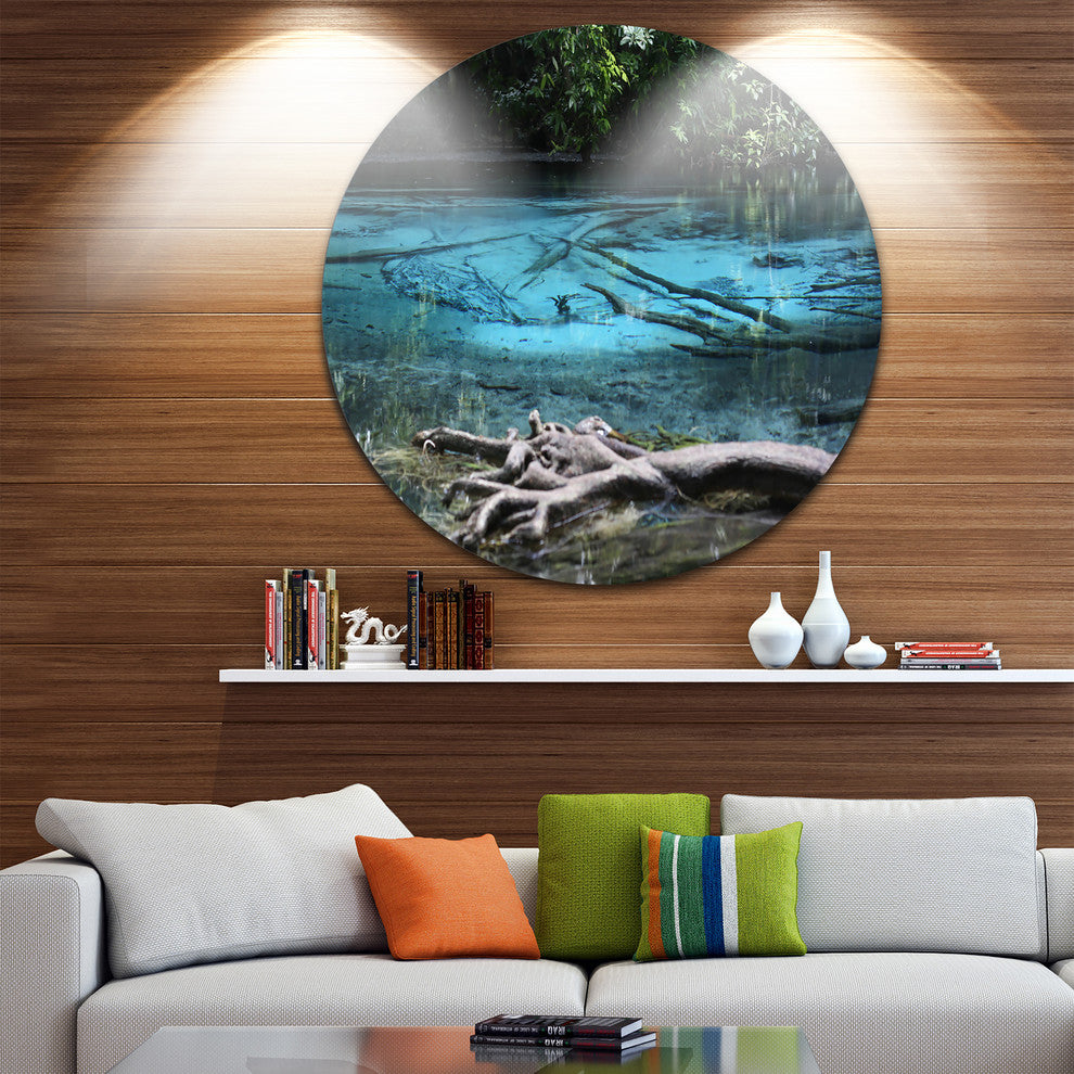Blue Pond In Deep Forest, Landscape Photo Large Disc Metal Artwork, 11"