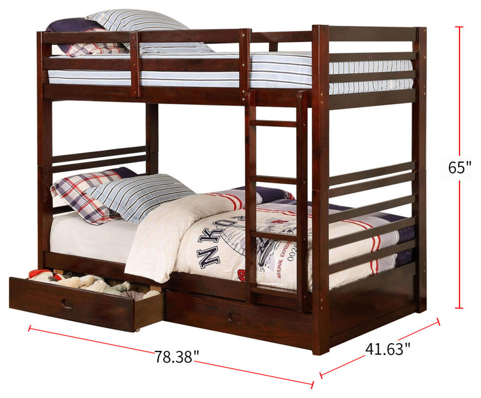 Wooden Twin Over Twin Bunk Bed, Dark Walnut