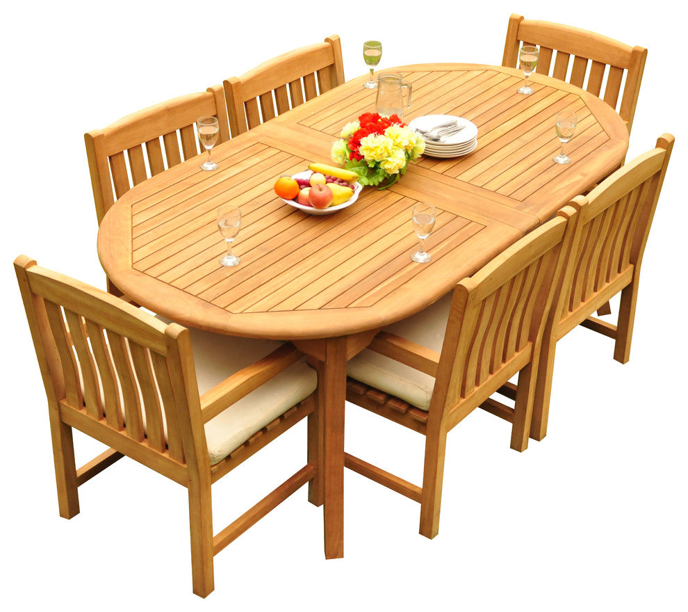 7-Piece Outdoor Teak Dining Set, 117" Extension Oval Table, 6 Devon Arm Chairs