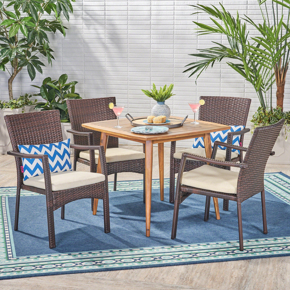 GDF Studio 5-Piece Joann Outdoor Wood and Wicker Dining Set, Teak and Brown