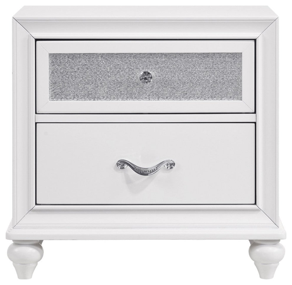 Contemporary 2 Drawers Nightstand, Upper Drawer With Glittering Accent, White