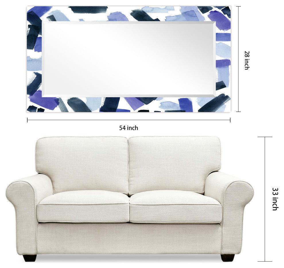 "Cerulean" Beveled Mirror on Printed Abstarct Tempered Art Glass, 54x28"