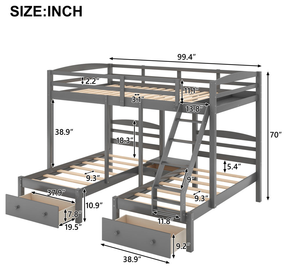 Gewnee Wood Full Over Twin & Twin Triple Bunk Bed with Drawers in Gray