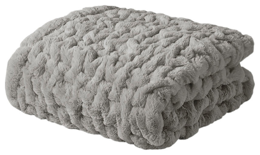 Madison Park Ruched Fur Throw, Grey