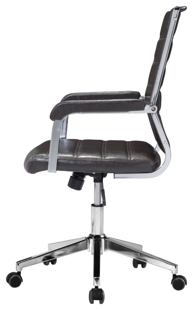 Office Chair, Faux Vinyl Leather, Steel, Brown, Silver, Mid Century Business