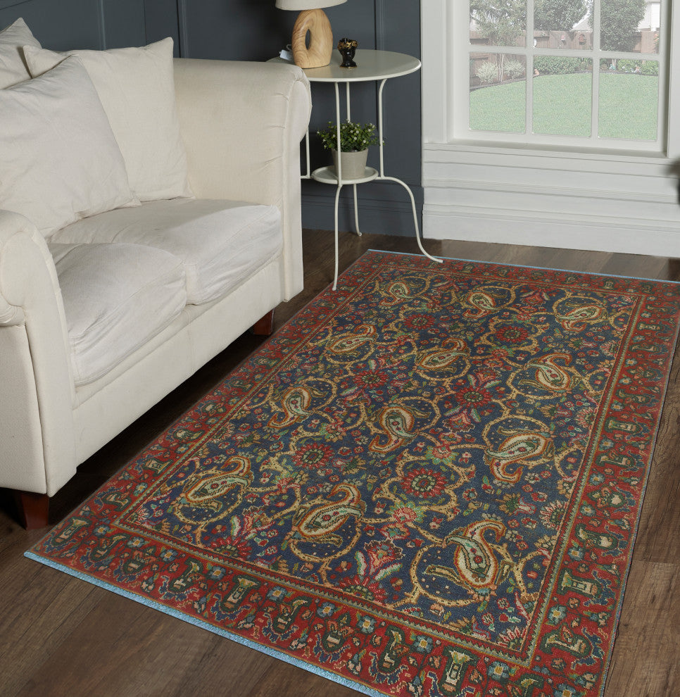 Fine Vintage Distressed Nasira Red/Navy Rug, 4'5 x 6'7