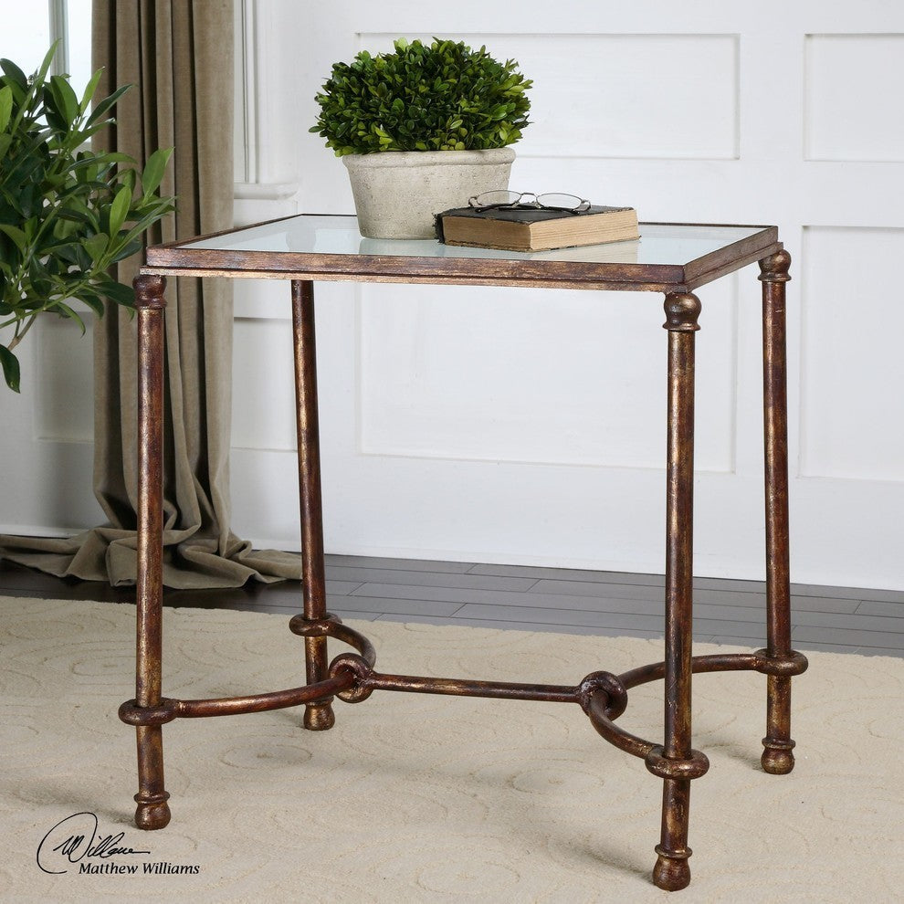 Rustic Equestrian Iron End Table With Glass Top