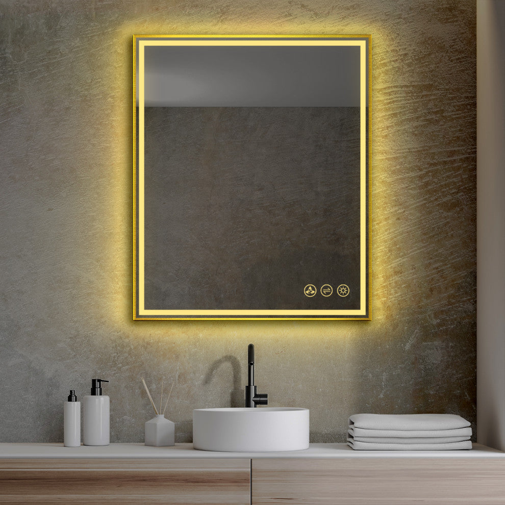 Fogless, Dimmable, Color Temperature Adjustable LED Mirror, Brush Gold, 30x36