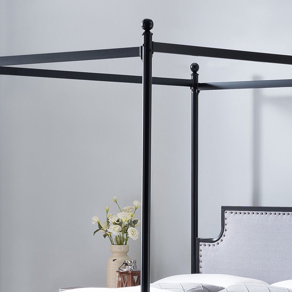 Asa Queen Size Iron Canopy Bed With Upholstered Studded Headboard, Gray, Flat Bl