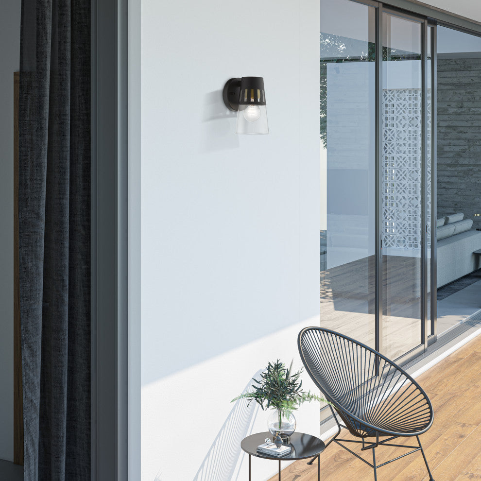 Covington 1-Light Black Outdoor Small Wall Lantern, Soft Gold Accents