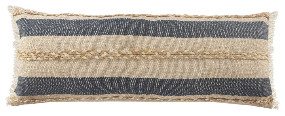 Ox Bay Blue/Tan Stripe Cotton Blend Pillow Cover, 14"x36"