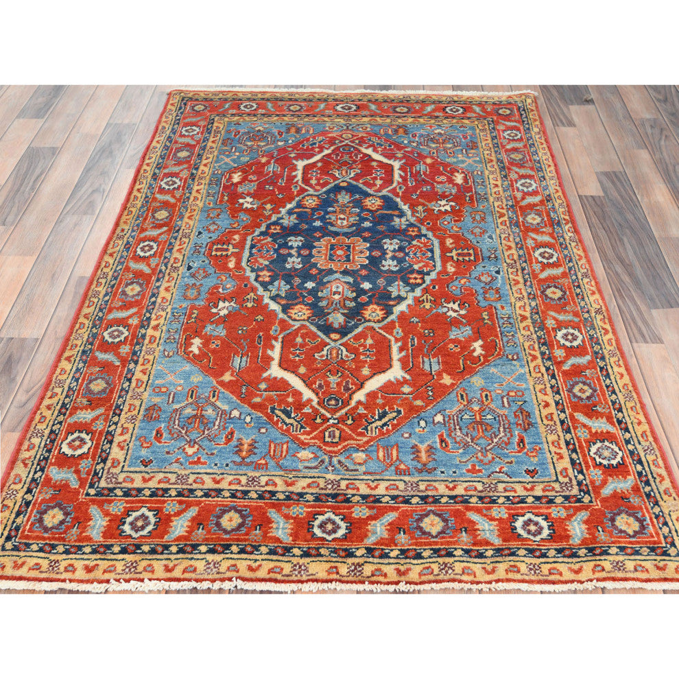 Imperial Red, Afghan Peshawar Heriz Wool Hand Knotted Oriental Rug, 4'x5'9"