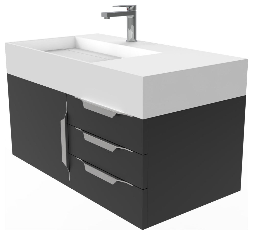 CastelloUSA Amazon 36" Wall Mount Vanity Set, Black, White Top, Chrome Handles