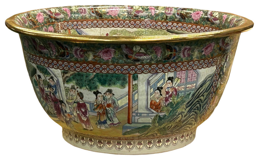 Vintage Chinese Famille Rose People House Graphic Porcelain Bowl Pot Hws4349