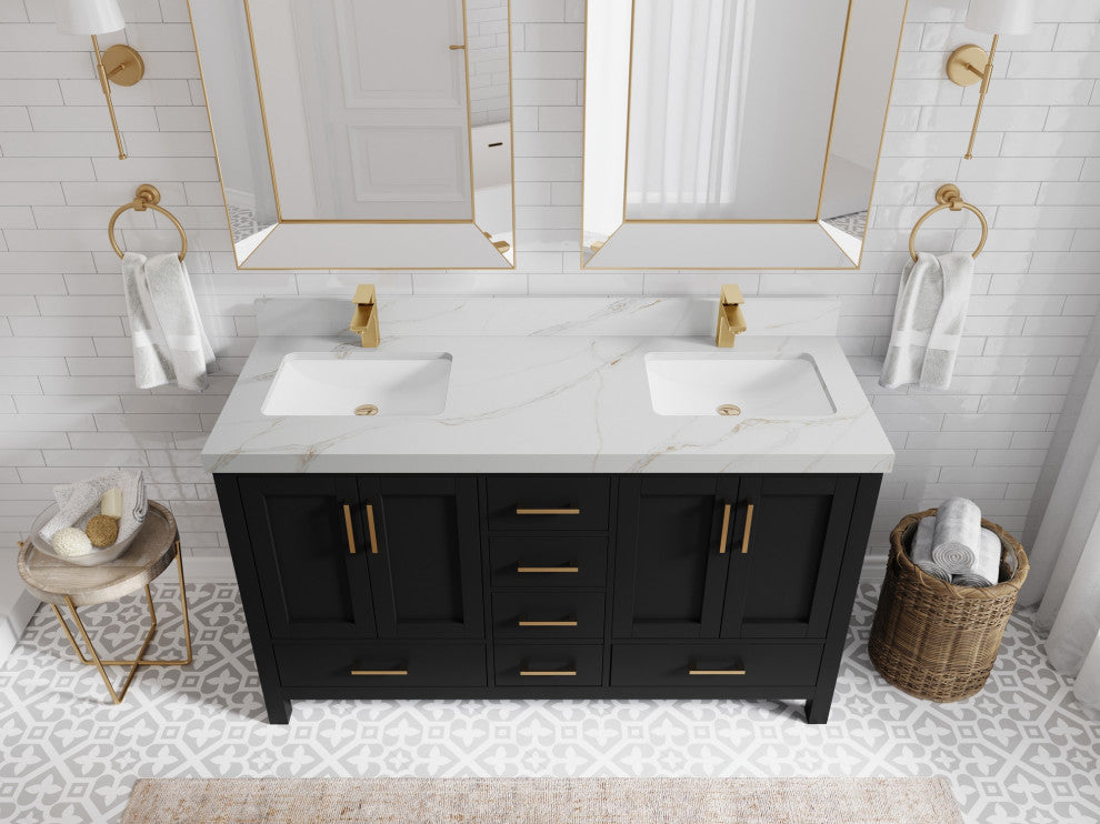 Malibu 60" Double Sink Bathroom Vanity in Black 2" Calacatta Sienna