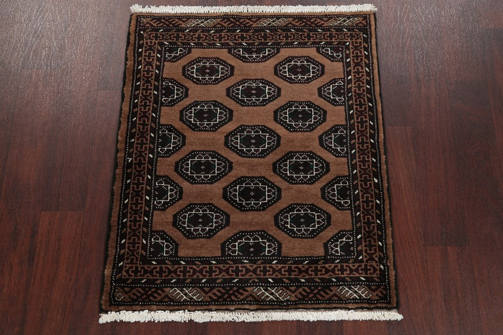 Balouch Geometric Persian Handmade Square Oriental Area Rug, Brown, 3'4"X2'9"