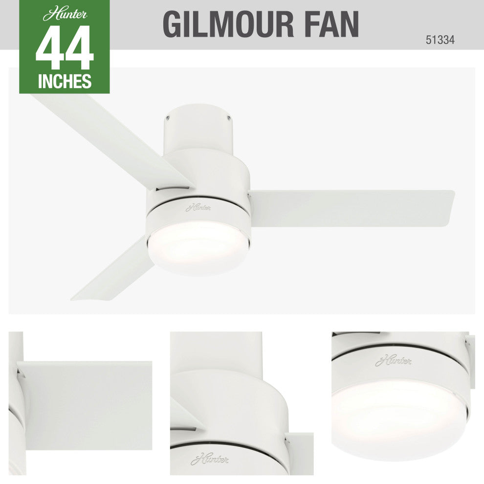 Hunter 44" Gimour Matte White Ceiling Fan, LED Light and Remote Control