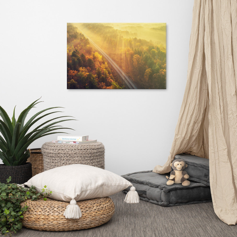 Sunrise Railroad Misty Forest Golden Haze Landscape Photo Canvas Art Print, 24" X 36"