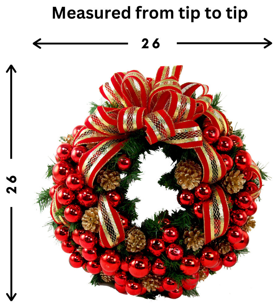 26" Evergreen Wreath with Berries, Pinecones, Ornaments and a Bow, Red