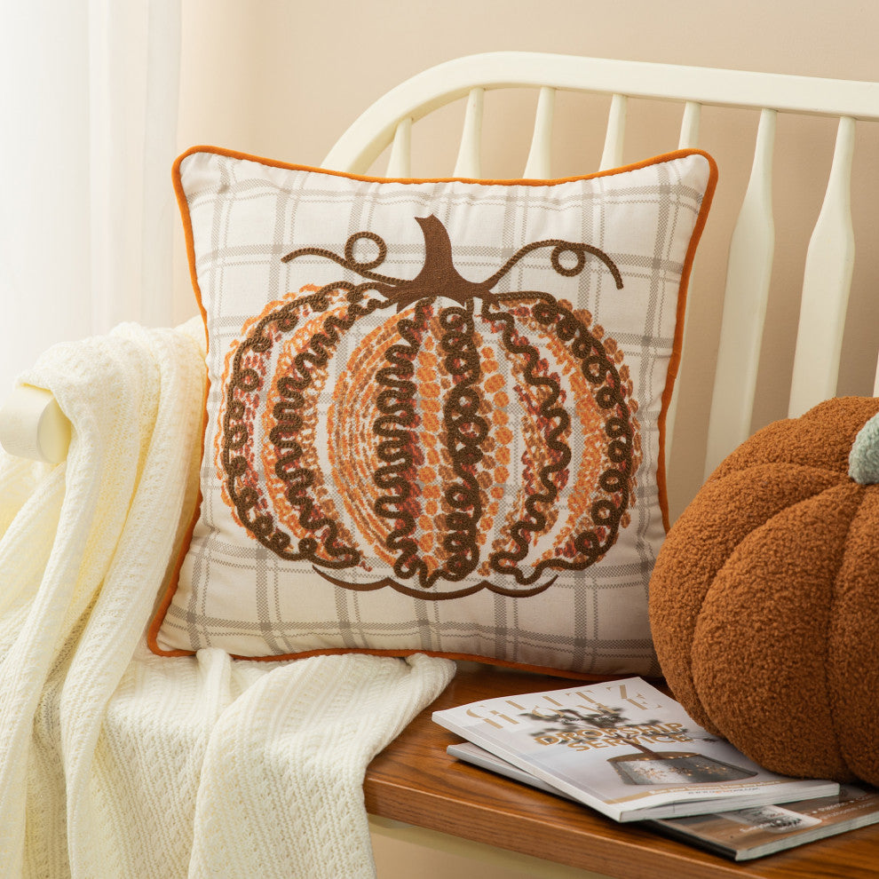 18" Fall Embroidered Pumpkin Pillow Cover