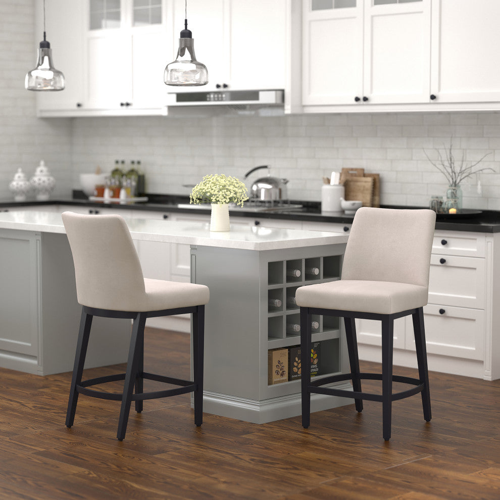Modern Fabric and Metal 26" Counter Stool, Set of 2, Beige and Black