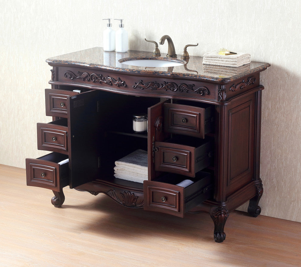 Stufurhome Cassandra 48" Single Sink Bathroom Vanity, Baltic Brown Granite Top