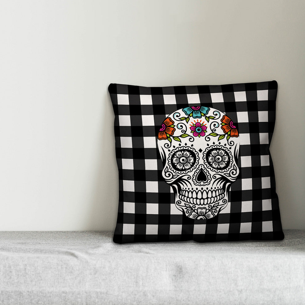 Buffalo Check Sugar Skull 18x18 Spun Poly Pillow
