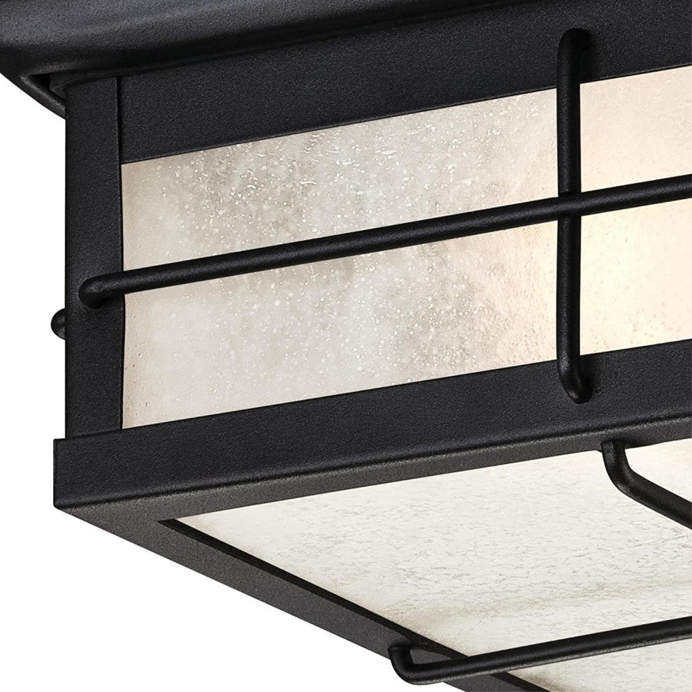 2 Light Flush Mount Fixture Black Ceiling Lamp With Seeded Glass Shade