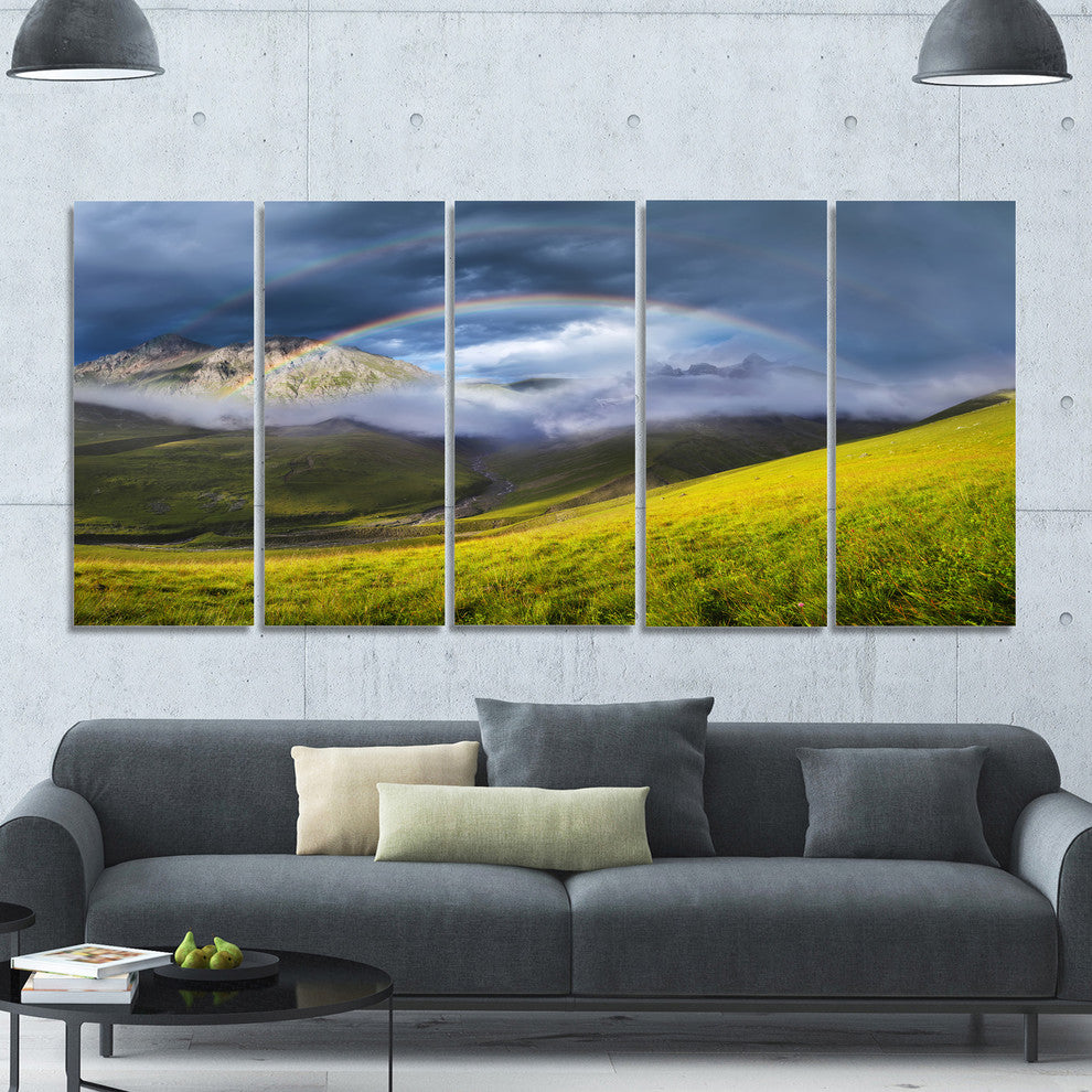 Rainbow in Mountain Valley, Landscape Canvas Art Print, 60"x28", 5 Panels