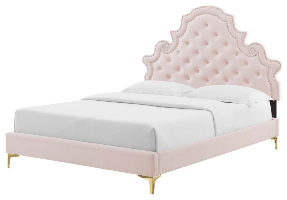 Tufted Platform Bed Frame, Twin Size, Velvet, Pink, Modern Contemporary, Bedroom